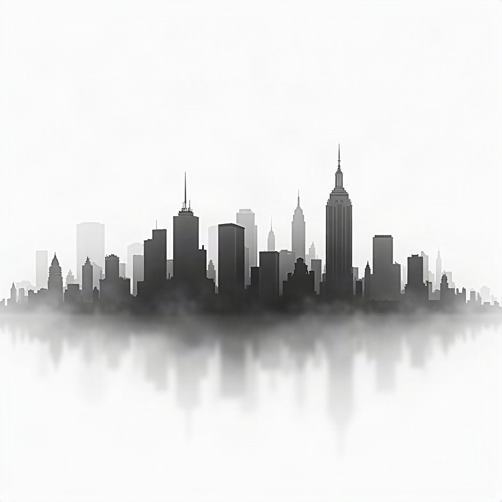 black and white pfp — city skyline minimal, high-key white background, dramatic