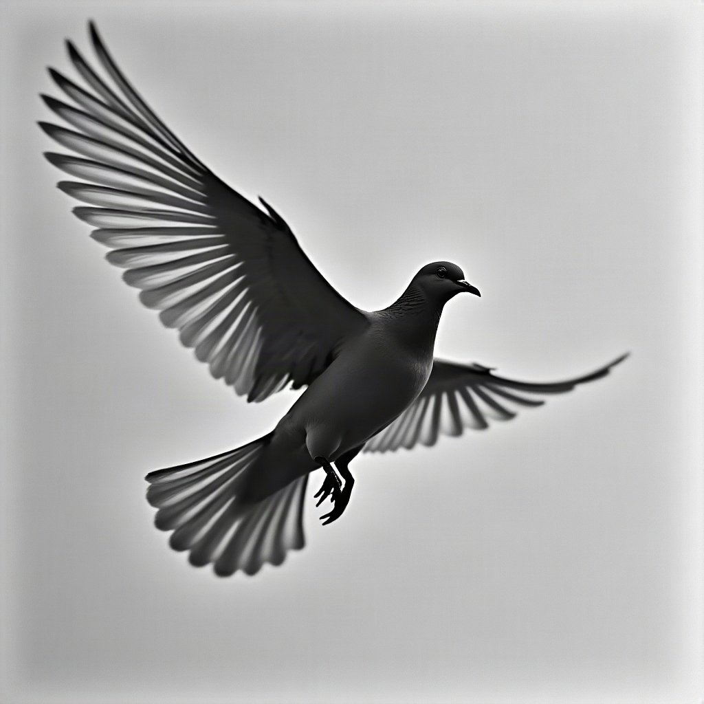 black and white pfp — dove mid-flight, soft film grain monochrome, cinematic