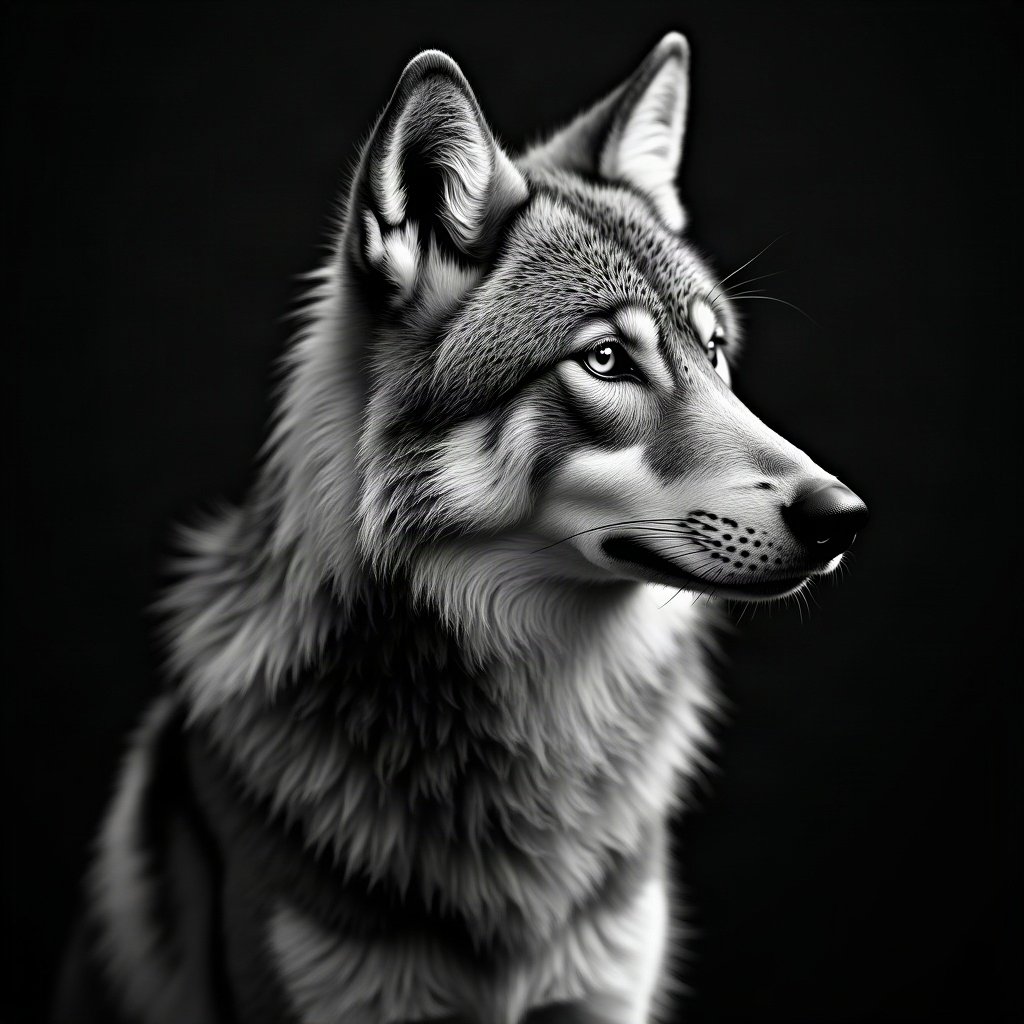 black and white pfp — wolf portrait, soft film grain monochrome, cinematic