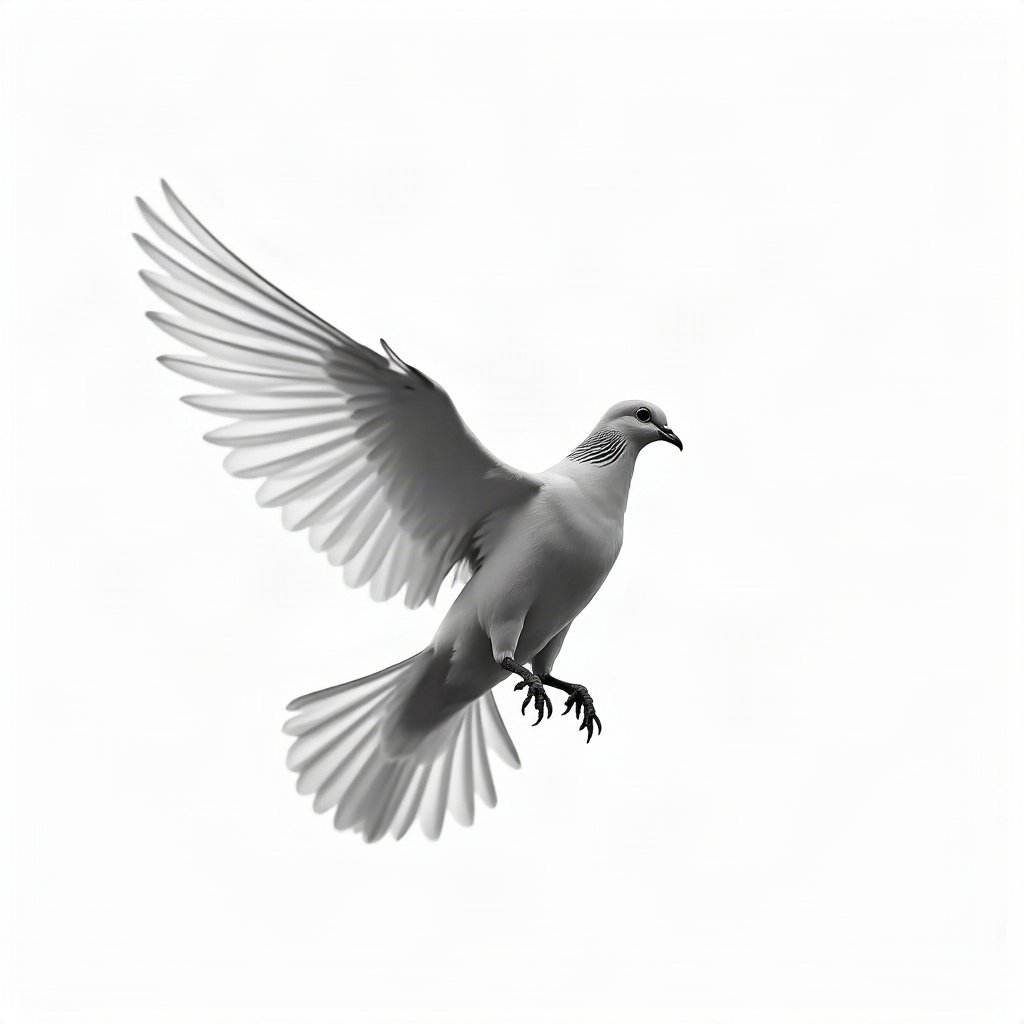 black and white pfp — dove mid-flight, high-key white background, minimal