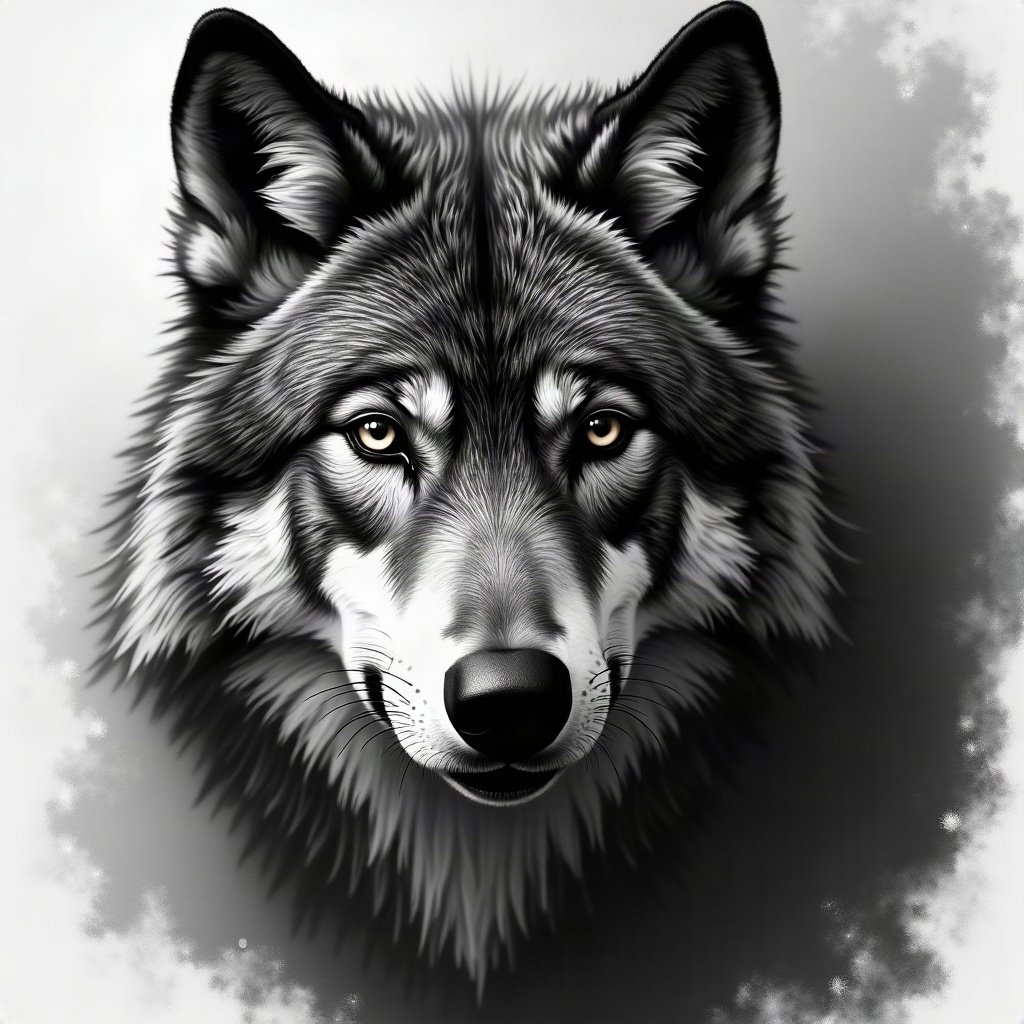 black and white pfp — wolf portrait, charcoal sketch texture, dramatic