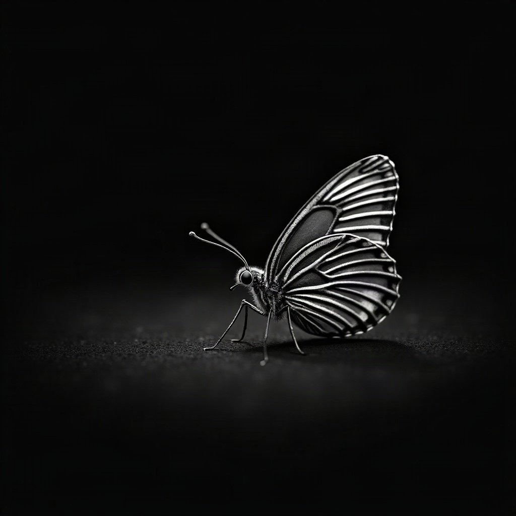 black and white pfp — butterfly on dark ground, deep blacks with silver highlights, minimal