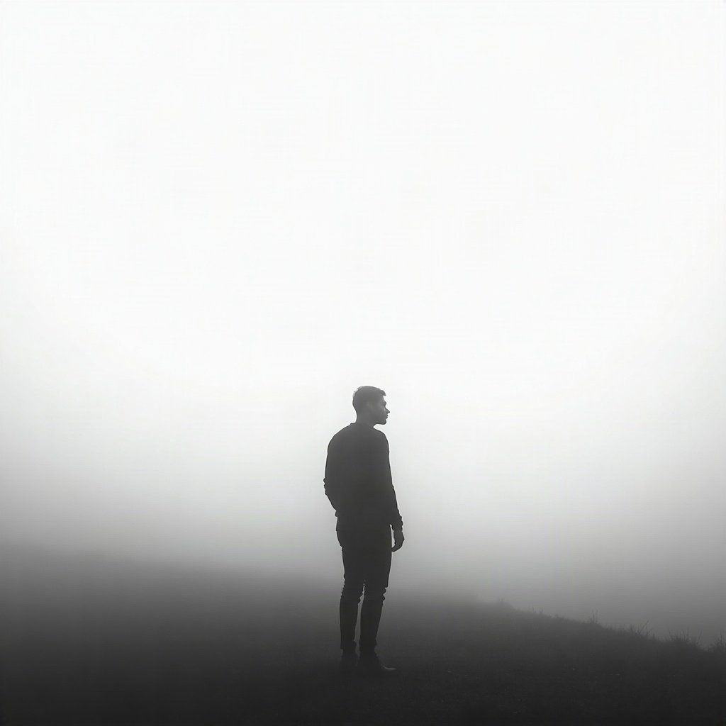 black and white pfp — lone figure silhouette in fog, high-key white background, dramatic