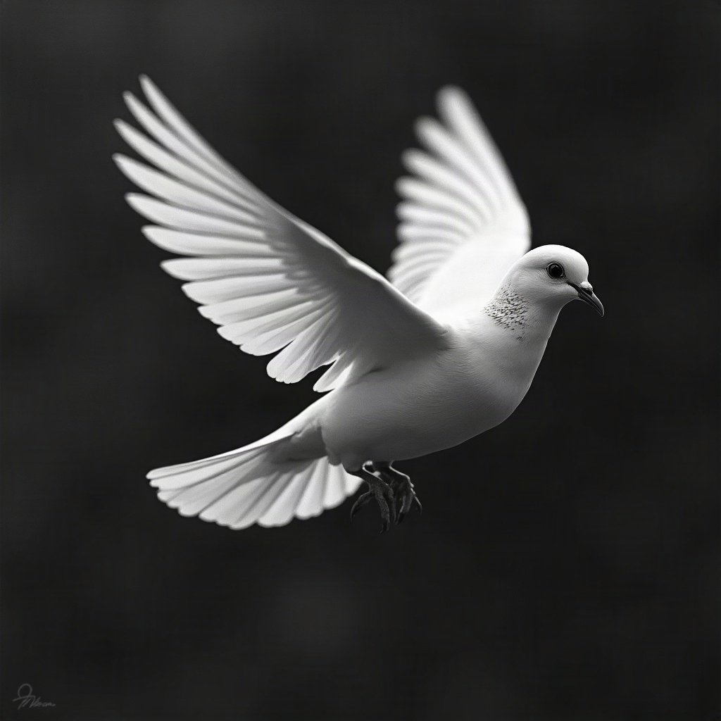 black and white pfp — dove mid-flight, soft film grain monochrome, dramatic