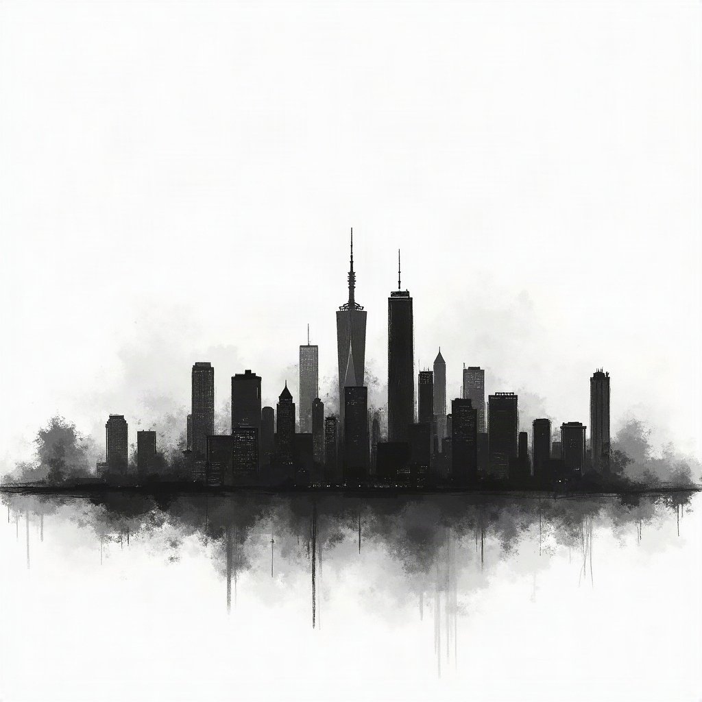 black and white pfp — city skyline minimal, charcoal sketch texture, minimal