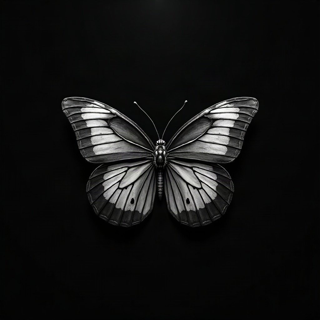 black and white pfp — butterfly on dark ground, deep blacks with silver highlights, dramatic