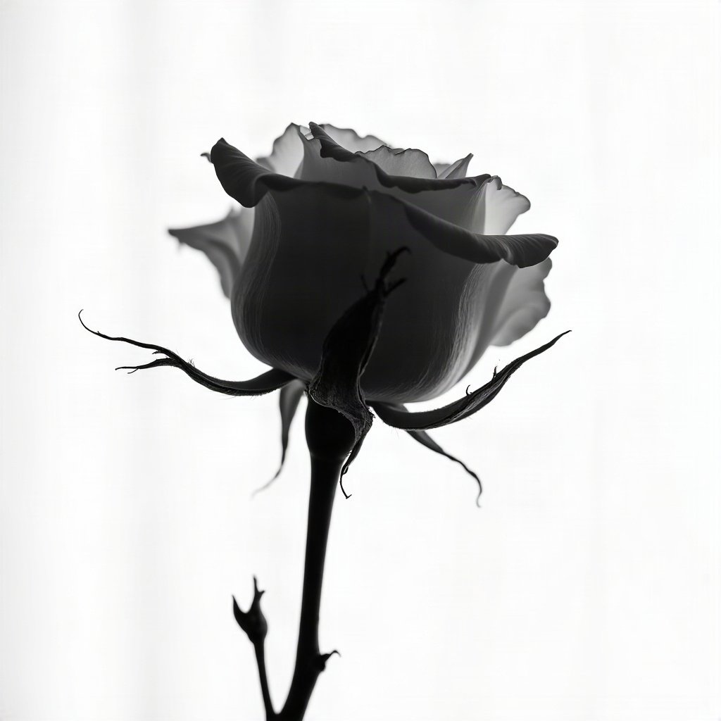 black and white pfp — rose in dramatic side light, high-key white background, cinematic