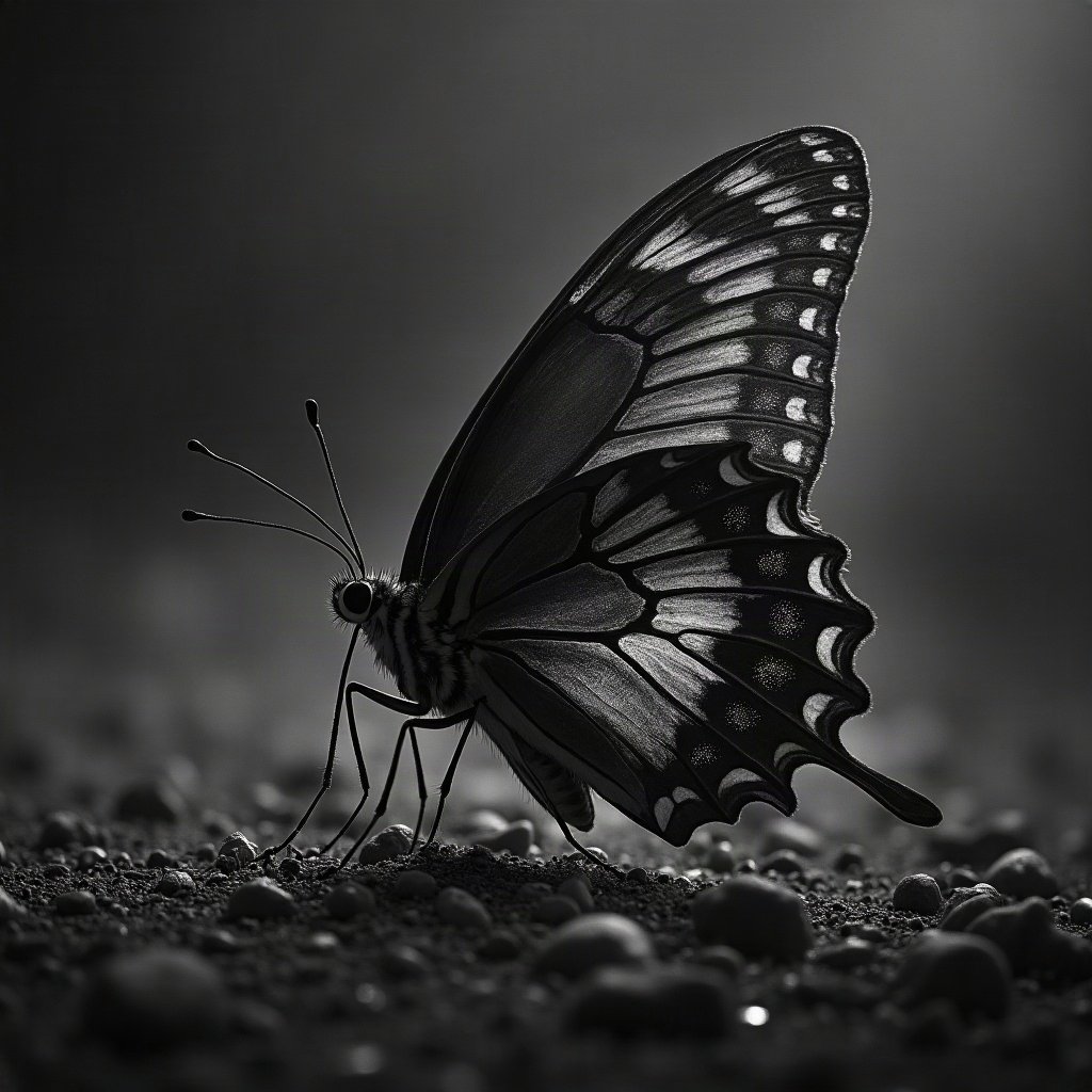 black and white pfp — butterfly on dark ground, charcoal sketch texture, cinematic