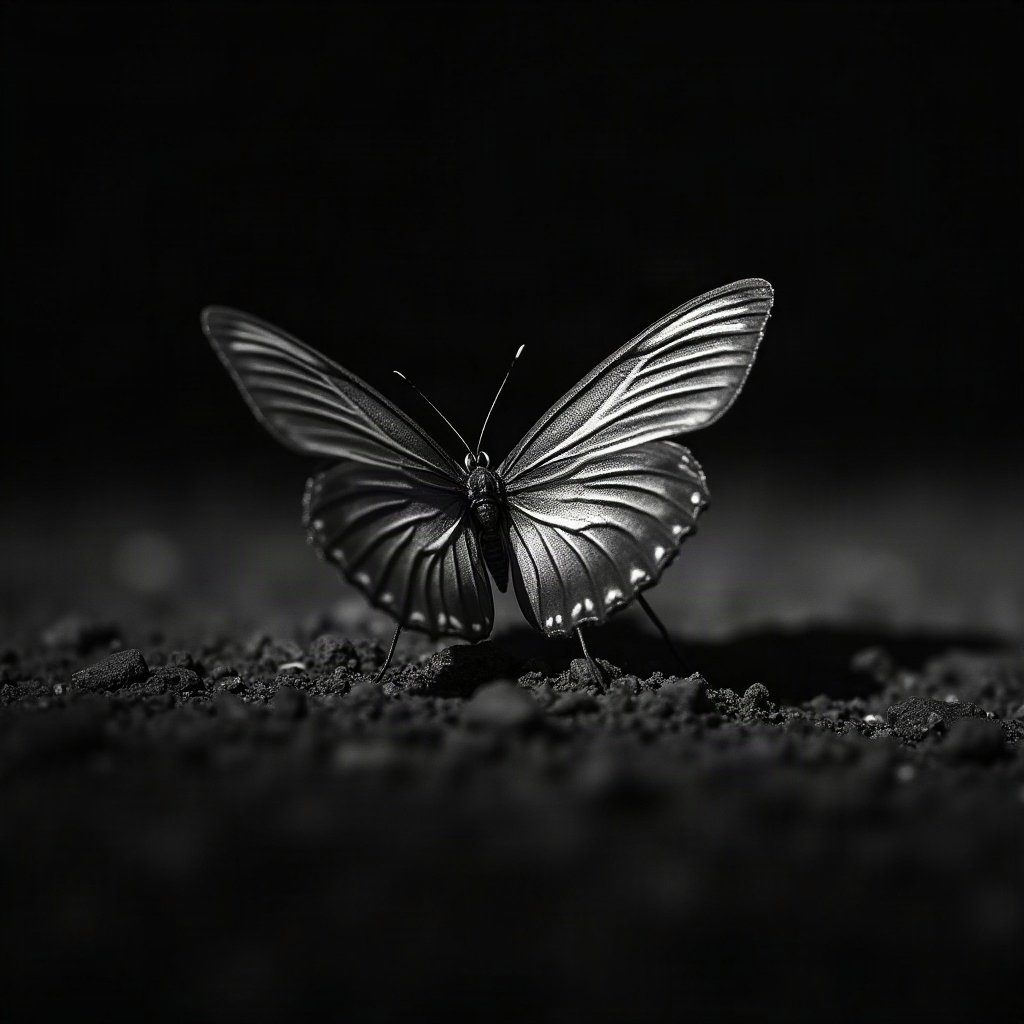 black and white pfp — butterfly on dark ground, deep blacks with silver highlights, cinematic