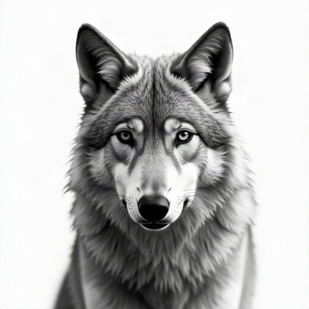 black and white pfp — wolf portrait, high-key white background, cinematic