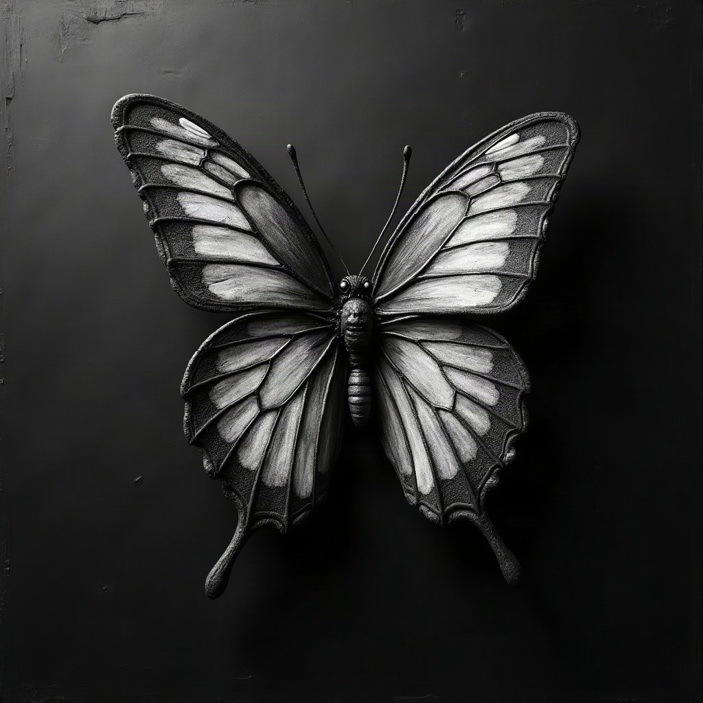 black and white pfp — butterfly on dark ground, charcoal sketch texture, dramatic