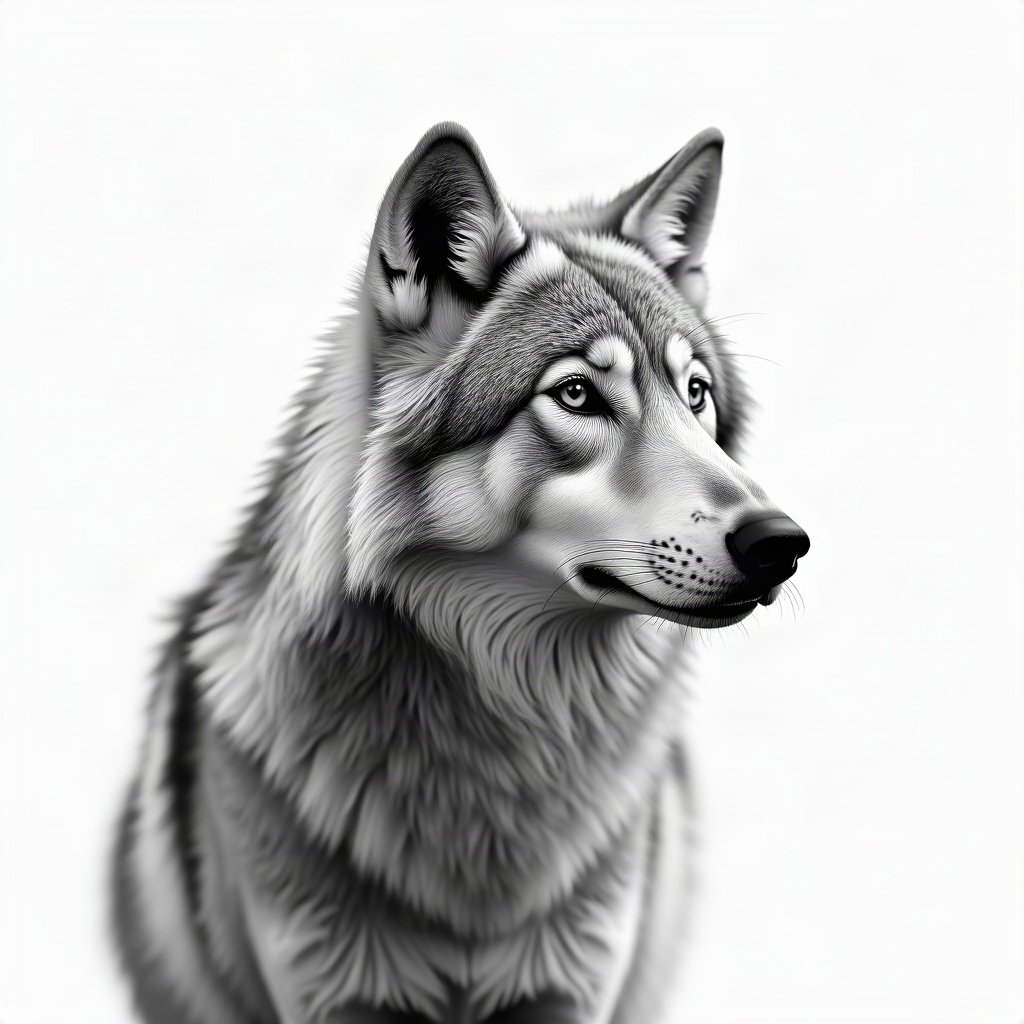 black and white pfp — wolf portrait, high-key white background, cinematic