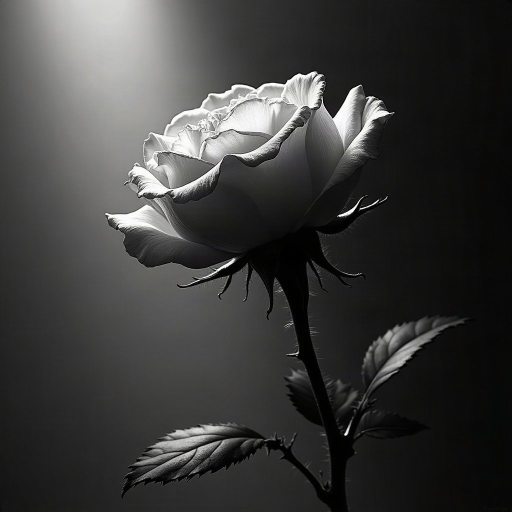 black and white pfp — rose in dramatic side light, charcoal sketch texture, minimal