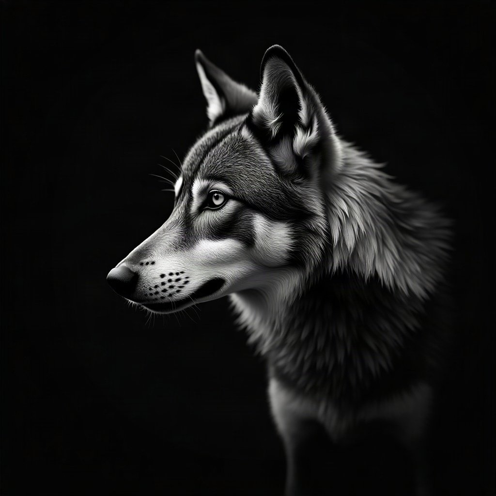 black and white pfp — wolf portrait, deep blacks with silver highlights, gentle
