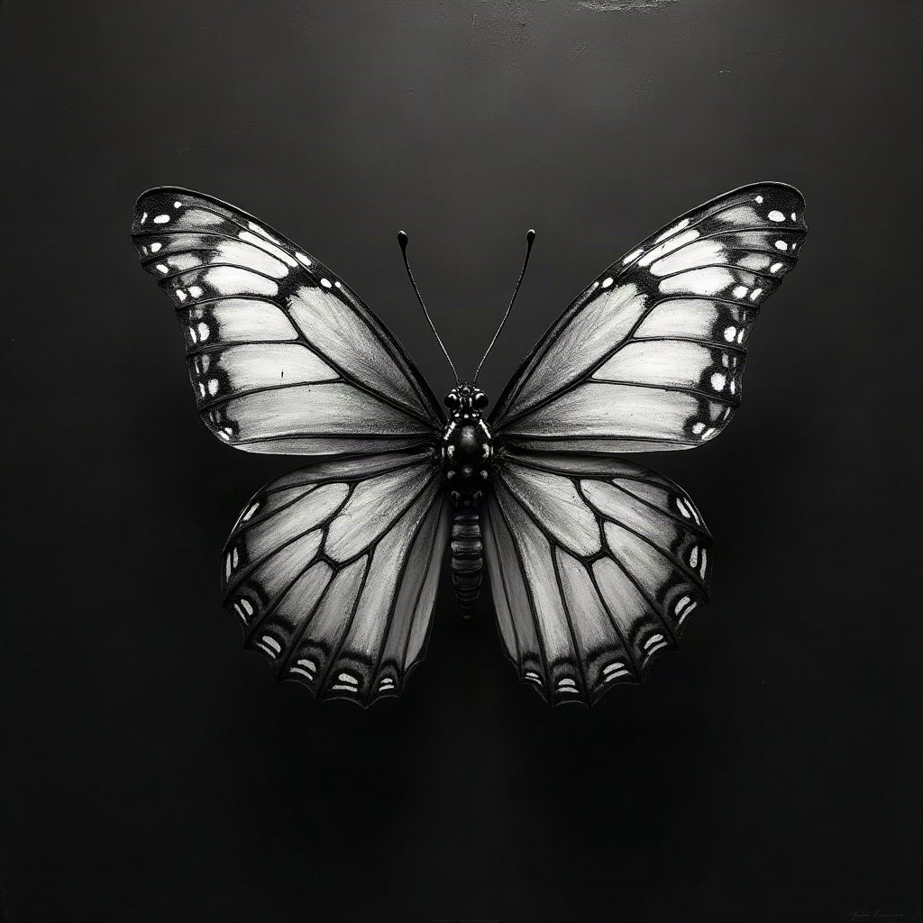 black and white pfp — butterfly on dark ground, charcoal sketch texture, dramatic