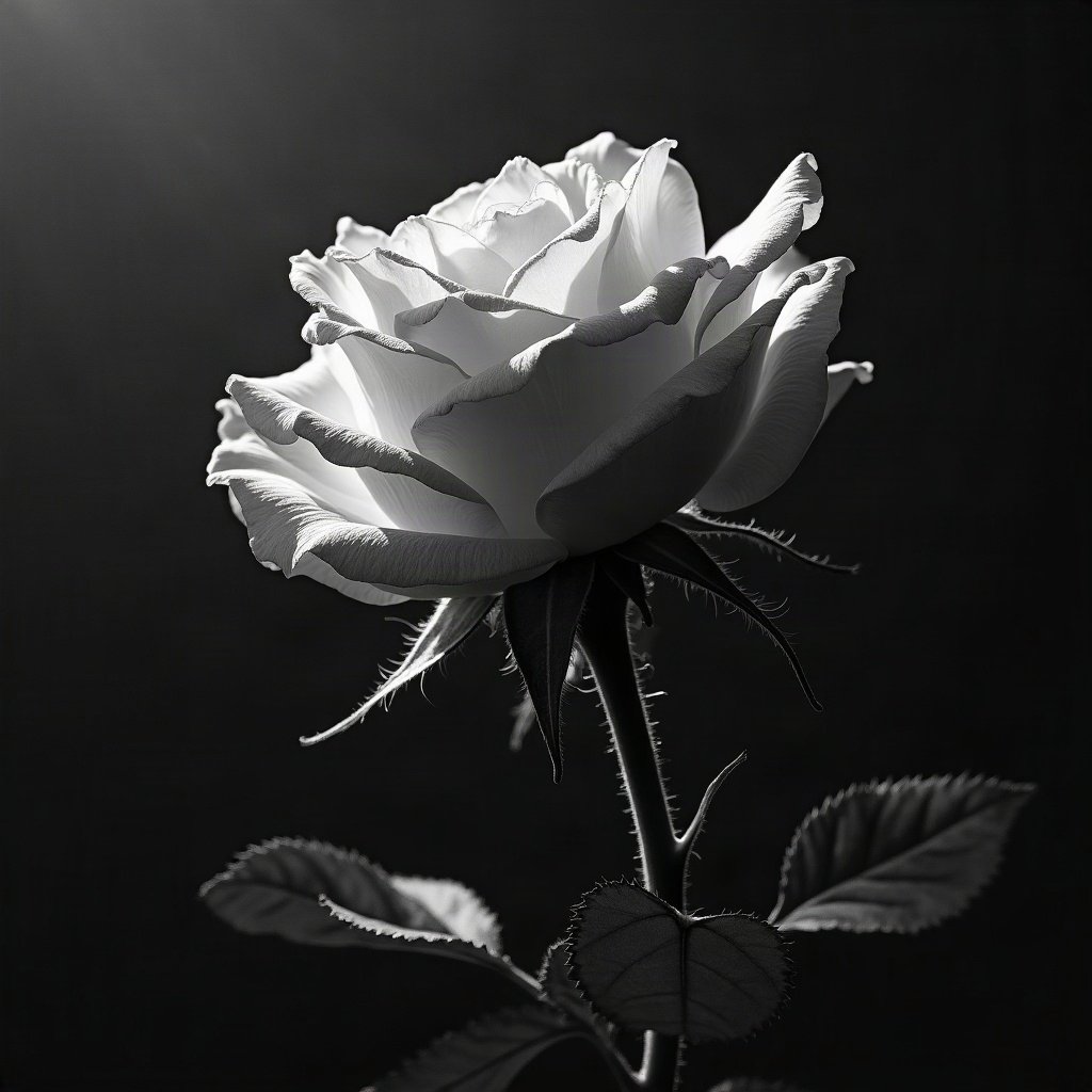 black and white pfp — rose in dramatic side light, charcoal sketch texture, minimal
