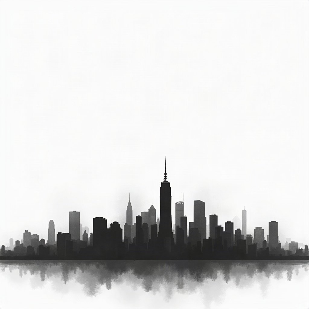 black and white pfp — city skyline minimal, high-key white background, dramatic