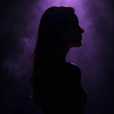 black pfp — silhouette looking over shoulder, violet rim lighting, floating dust particles in light