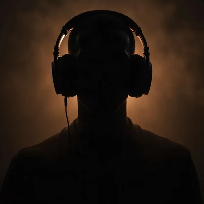 black pfp — faceless figure wearing headphones, amber rim lighting, low fog at shoulders