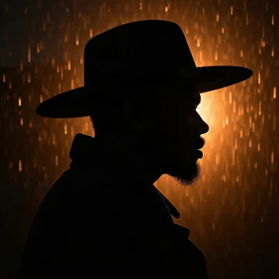 black pfp — side-profile silhouette, amber rim lighting, rain streak bokeh behind