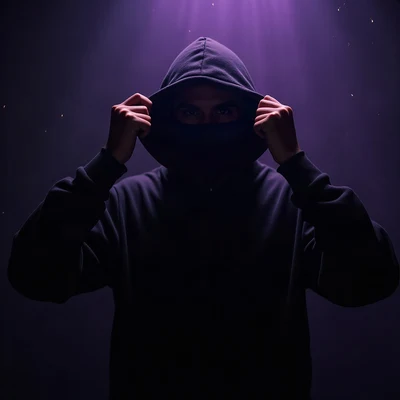 black pfp — figure pulling hood up, violet rim lighting, floating dust particles in light