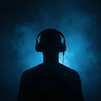 black pfp — faceless figure wearing headphones, ice blue rim lighting, low fog at shoulders