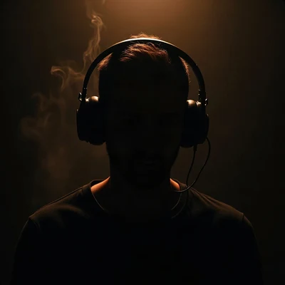 black pfp — faceless figure wearing headphones, amber rim lighting, thin smoke wisps