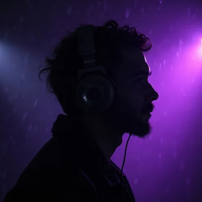 black pfp — faceless figure wearing headphones, violet rim lighting, rain streak bokeh behind