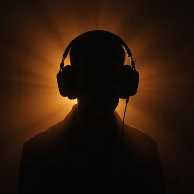 black pfp — faceless figure wearing headphones, amber rim lighting, low fog at shoulders