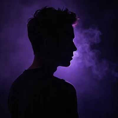 black pfp — silhouette looking over shoulder, violet rim lighting, thin smoke wisps