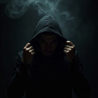 black pfp — figure pulling hood up, crimson rim lighting, thin smoke wisps