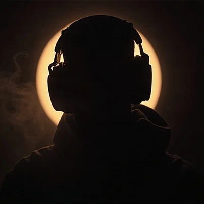 black pfp — faceless figure wearing headphones, amber rim lighting, thin smoke wisps