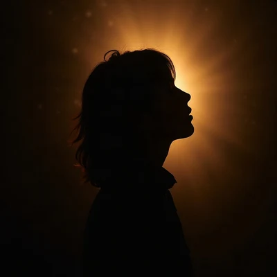 black pfp — side-profile silhouette, amber rim lighting, floating dust particles in light