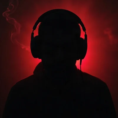black pfp — faceless figure wearing headphones, crimson rim lighting, thin smoke wisps
