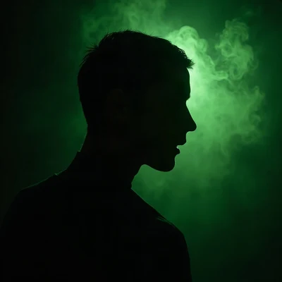 black pfp — silhouette looking over shoulder, lime green rim lighting, thin smoke wisps