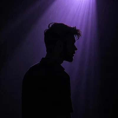 black pfp — silhouette looking over shoulder, violet rim lighting, rain streak bokeh behind