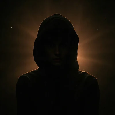 black pfp — figure pulling hood up, amber rim lighting, floating dust particles in light
