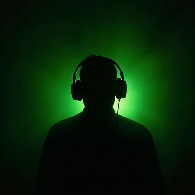 black pfp — faceless figure wearing headphones, lime green rim lighting, low fog at shoulders