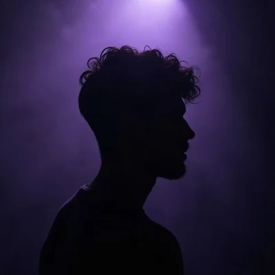 black pfp — silhouette looking over shoulder, violet rim lighting, low fog at shoulders