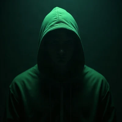 black pfp — hooded figure facing forward, lime green rim lighting, low fog at shoulders