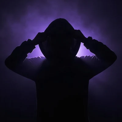 black pfp — figure pulling hood up, violet rim lighting, low fog at shoulders