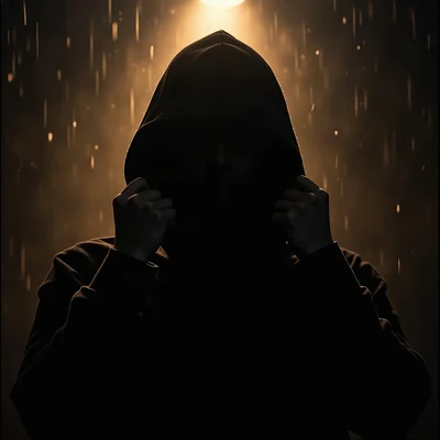 black pfp — figure pulling hood up, amber rim lighting, rain streak bokeh behind