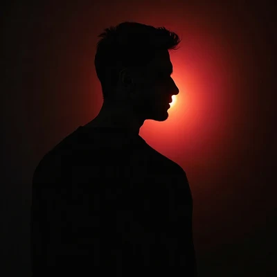 black pfp — silhouette looking over shoulder, crimson rim lighting, low fog at shoulders