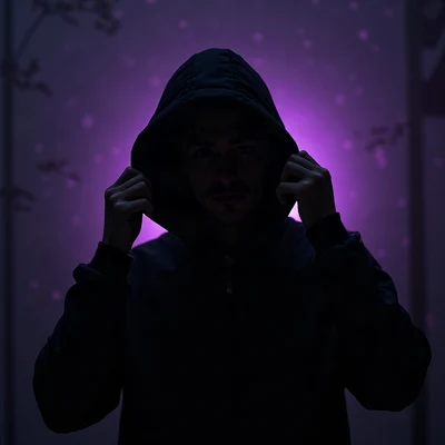 black pfp — figure pulling hood up, violet rim lighting, rain streak bokeh behind