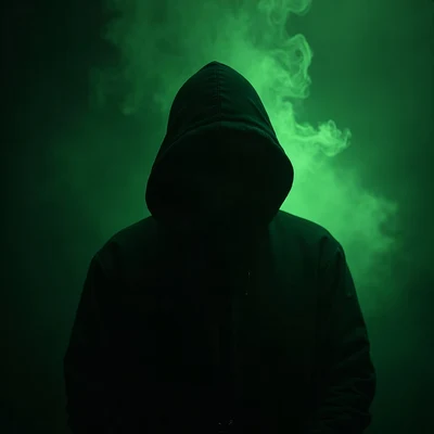black pfp — hooded figure facing forward, lime green rim lighting, thin smoke wisps