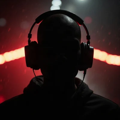 black pfp — faceless figure wearing headphones, crimson rim lighting, rain streak bokeh behind