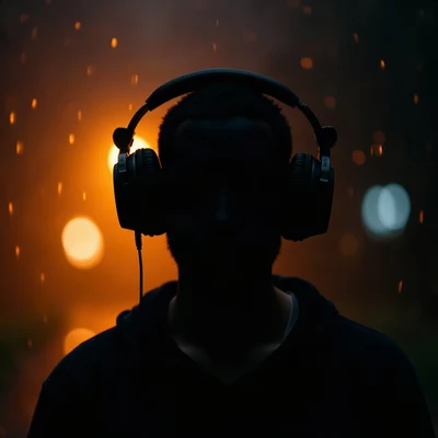 black pfp — faceless figure wearing headphones, amber rim lighting, rain streak bokeh behind