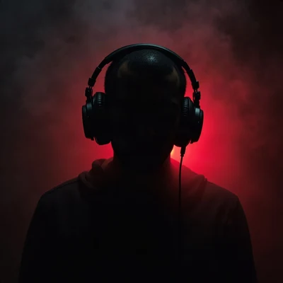 black pfp — faceless figure wearing headphones, crimson rim lighting, low fog at shoulders