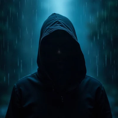 black pfp — hooded figure facing forward, ice blue rim lighting, rain streak bokeh behind