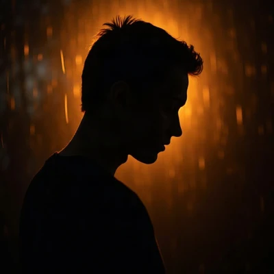 black pfp — silhouette looking over shoulder, amber rim lighting, rain streak bokeh behind